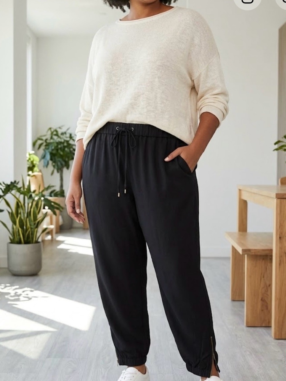Eileen Fisher Black 100% Tencel Lyocell Drawstring Ankle Zip Jogger Pants XL